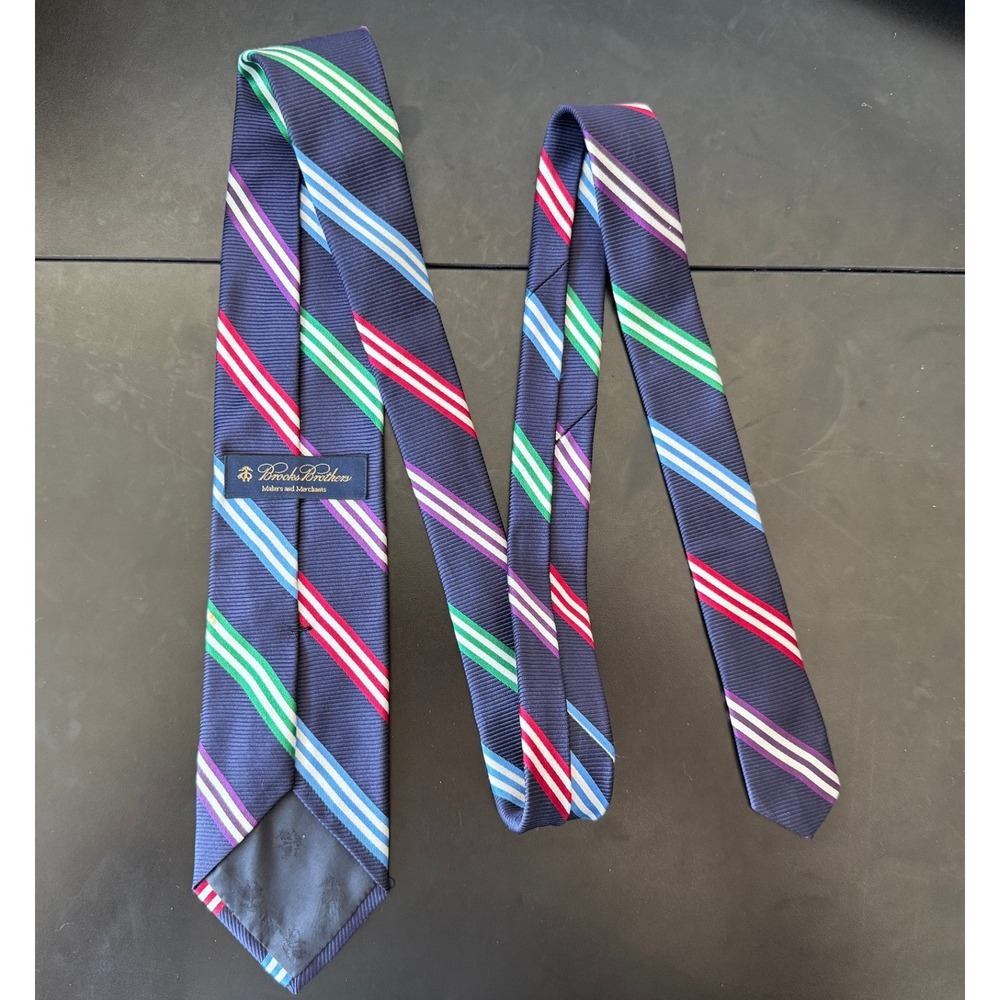 Brooks Brothers Mens Silk Tie Navy Blue Multi Color Repp Stripe Woven in England